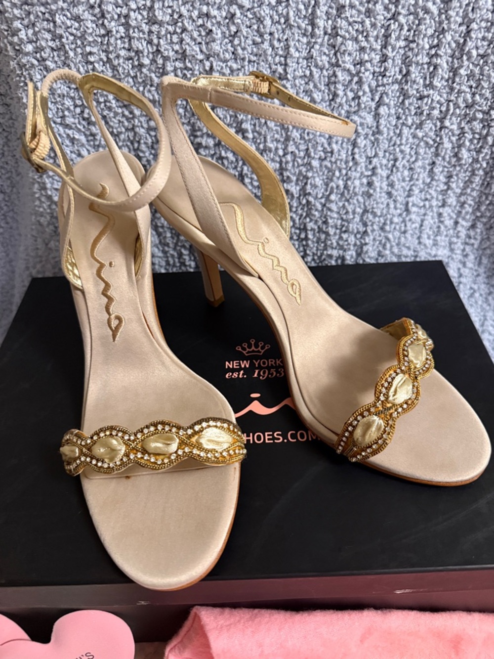 Nina Elegant Gold Beaded Ankle-Strap Heels